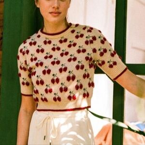 Strawberry Patterned Cream and Red Knit Top